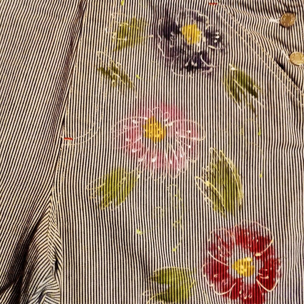 SOLD!! - Vintage Artsy Painted Baccini Denim Jean Shortalls Shorts Overalls Sz L - Picture 15 of 16